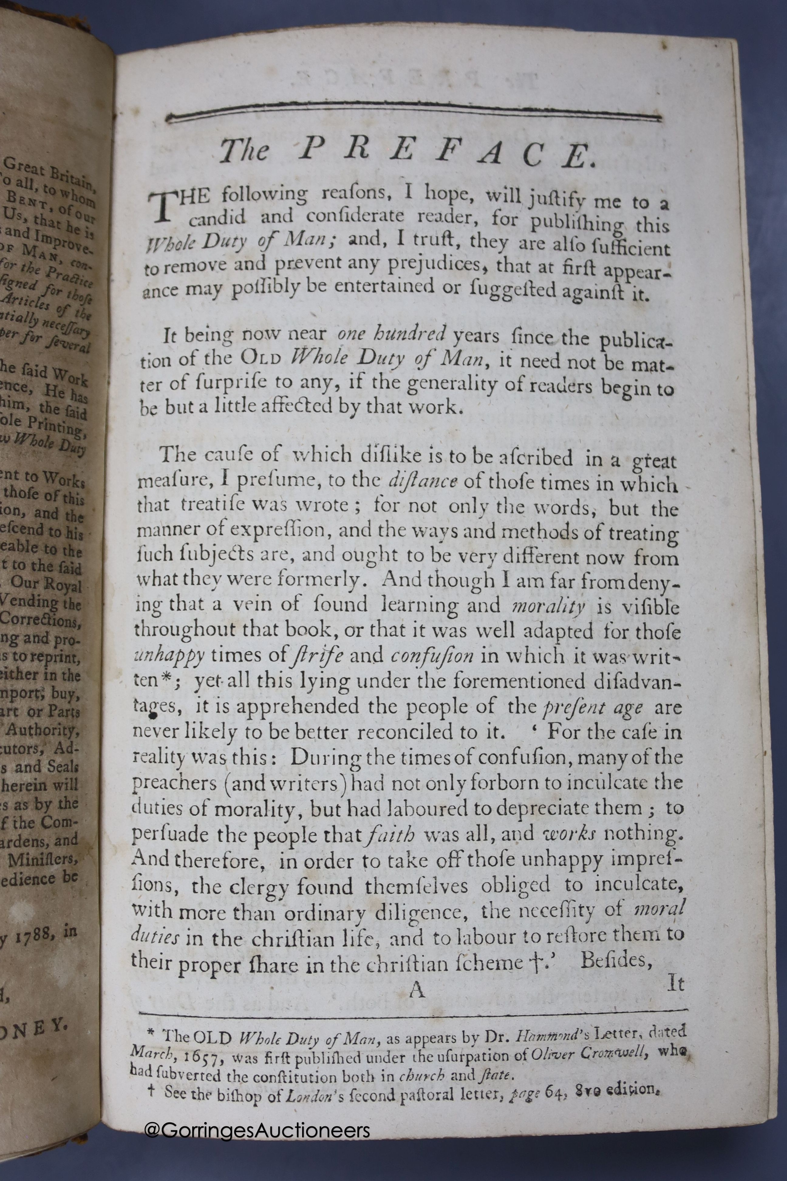 A collection of leather bound books, including The Truth of The Scripture 1808 to follow The Whole Duty of Man